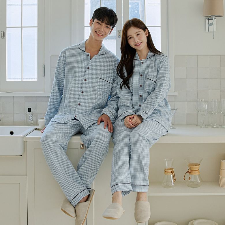 레트로체크 30수 커플 파자마 긴팔상하세트