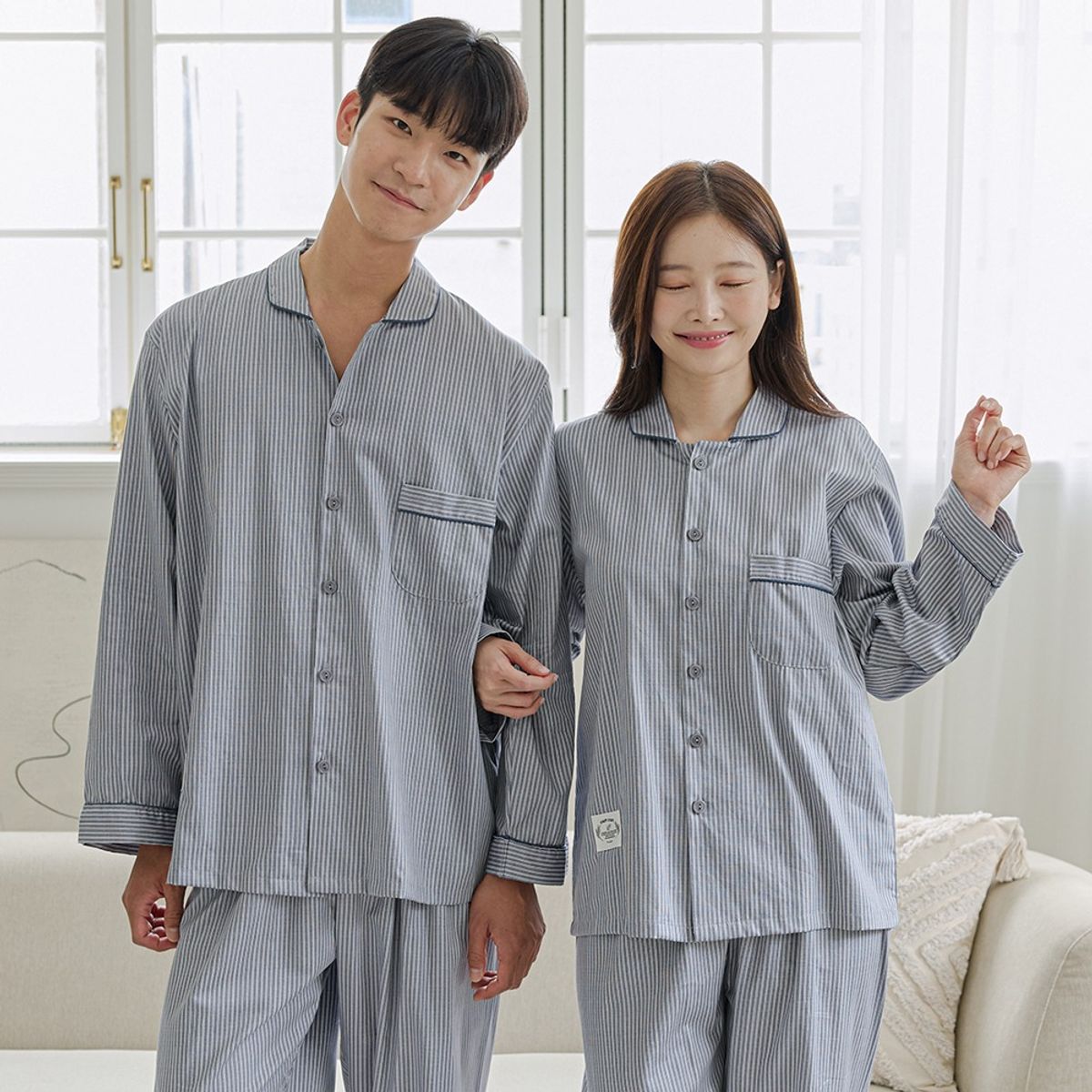 찌니야(JJNIYA) 비비 그레이 40수 순면 커플 파자마 긴팔상하세트