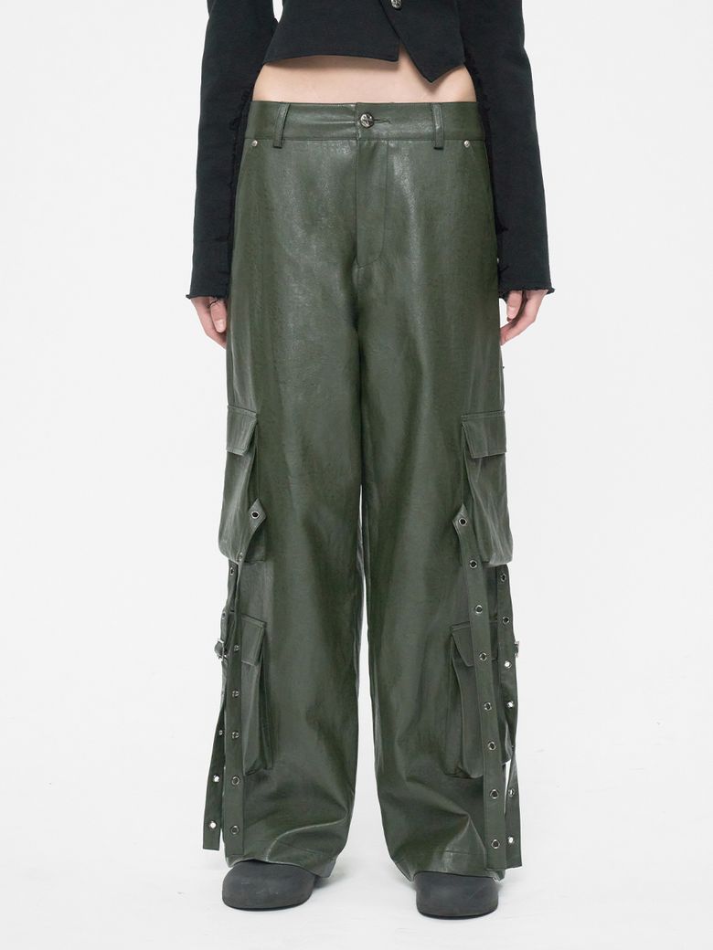 EYELET CARGO LEATHER PANTS KHAKI