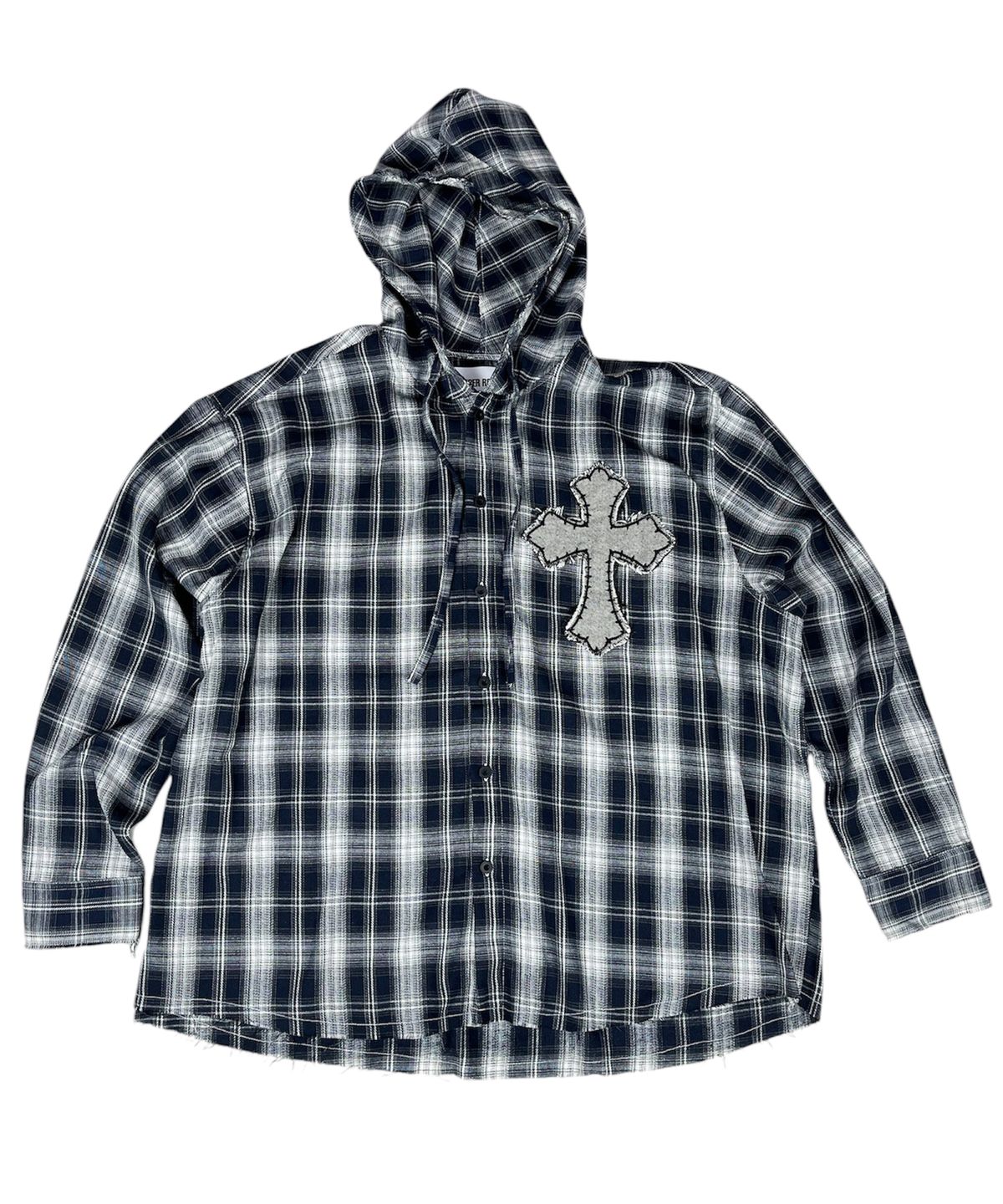 스케이터락(SK8ER ROCK) Cross Cut-Off Tartan Check Hoodie Shirt ((Navy))