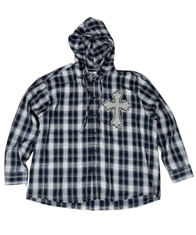 Cross Cut-Off Tartan Check Hoodie Shirt ((Navy))