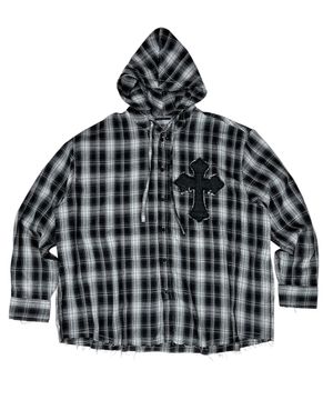 Cross Cut-Off Tartan Check Hoodie Shirt ((Black))