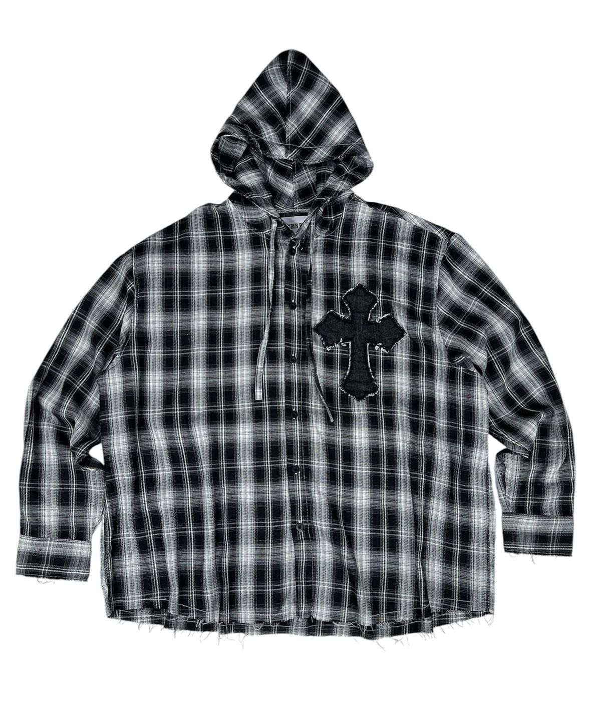 스케이터락(SK8ER ROCK) Cross Cut-Off Tartan Check Hoodie Shirt ((Black))