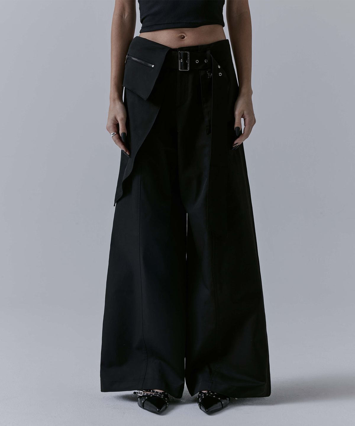 트리밍버드(TREEMINGBIRD) Belted Layered Wrap Pants [ Black ]