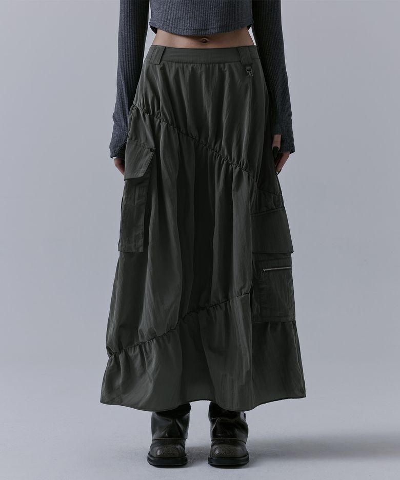 Nylon Cargo Shirring Set-up Skirt [ Khaki ]