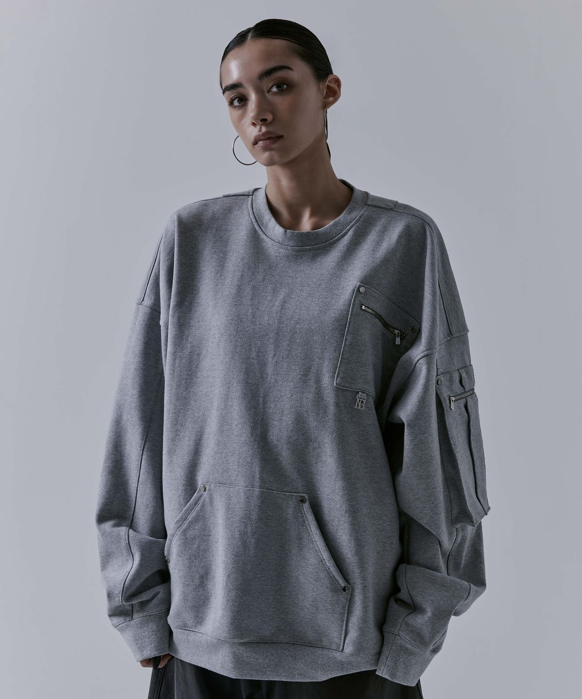 트리밍버드(TREEMINGBIRD) Multi Pocket Over-fit Sweat Shirt [ Grey ]