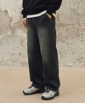 바이오워싱 카펜터 와이드 데님 팬츠 [블랙]