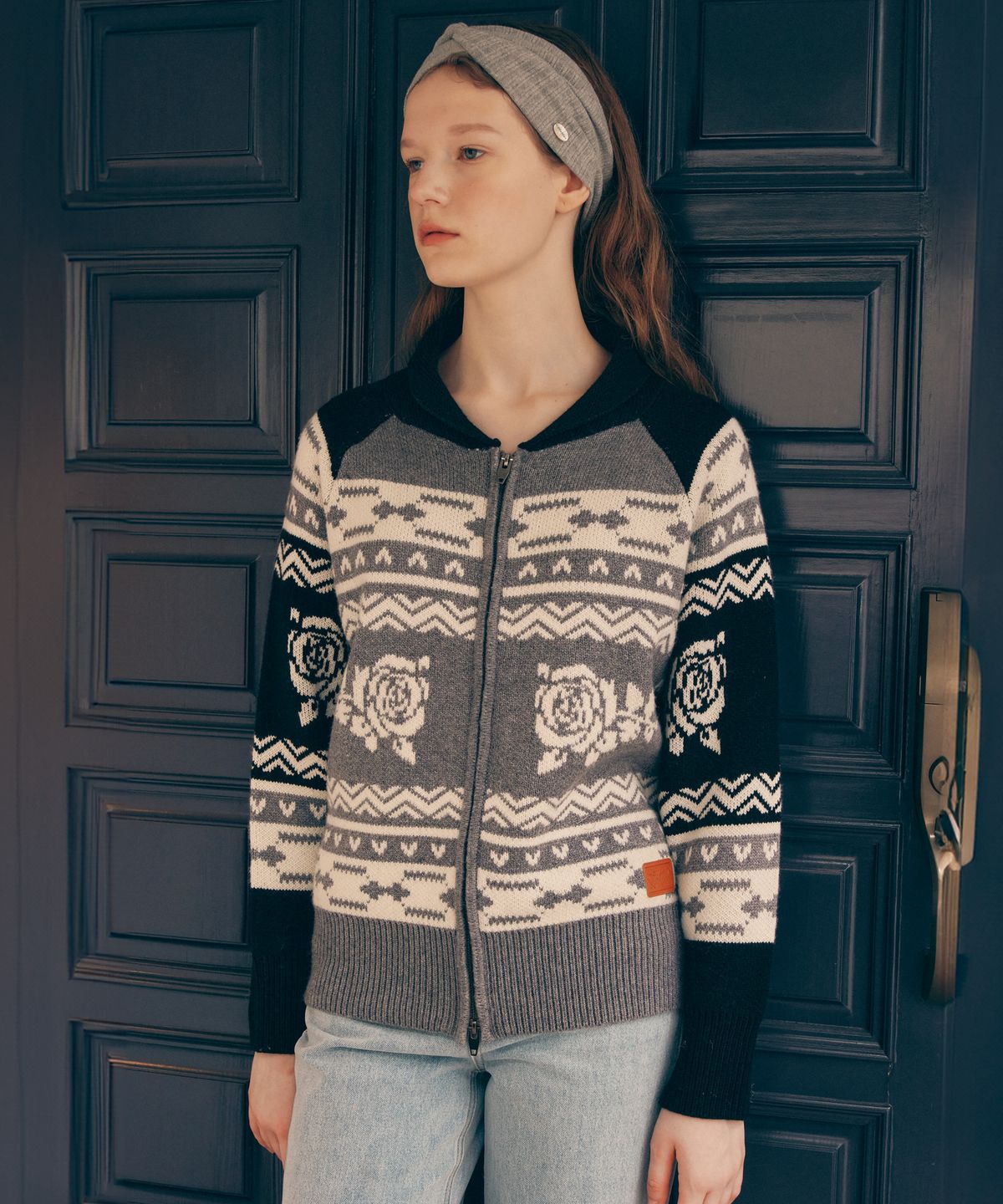 로라로라(ROLAROLA) VINTAGE FLOWER KNIT ZIP UP GRAY