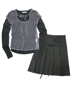 [SET] 3-WAY 도트 레이어드 롱슬리브 & 포멀 버튼 플리츠 미디 스커트_F24ZB071xZD871