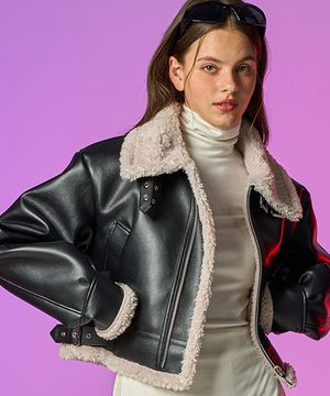 [크롭 ver.] 블러드 셔링 양털 플리스 레더 무스탕 자켓 [Black_Beige]