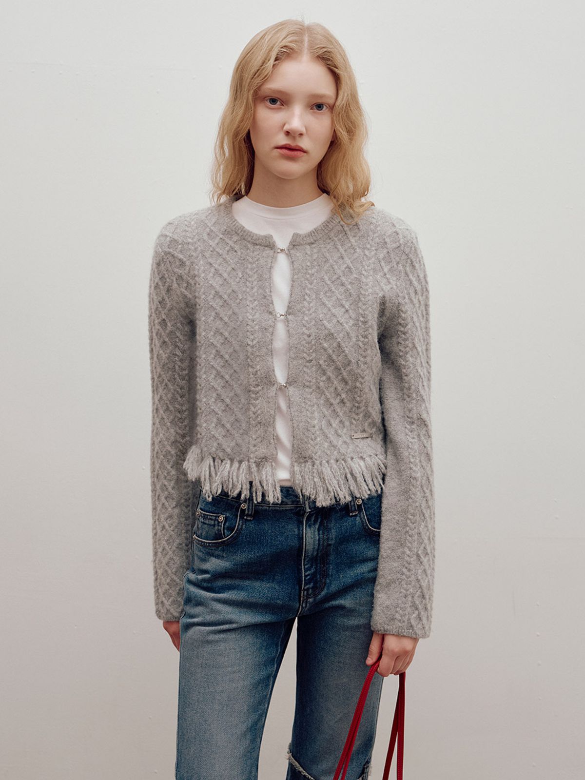 레이브(RAIVE) Cable Tassel Knit Cardigan in L/Grey VK4WD251-11
