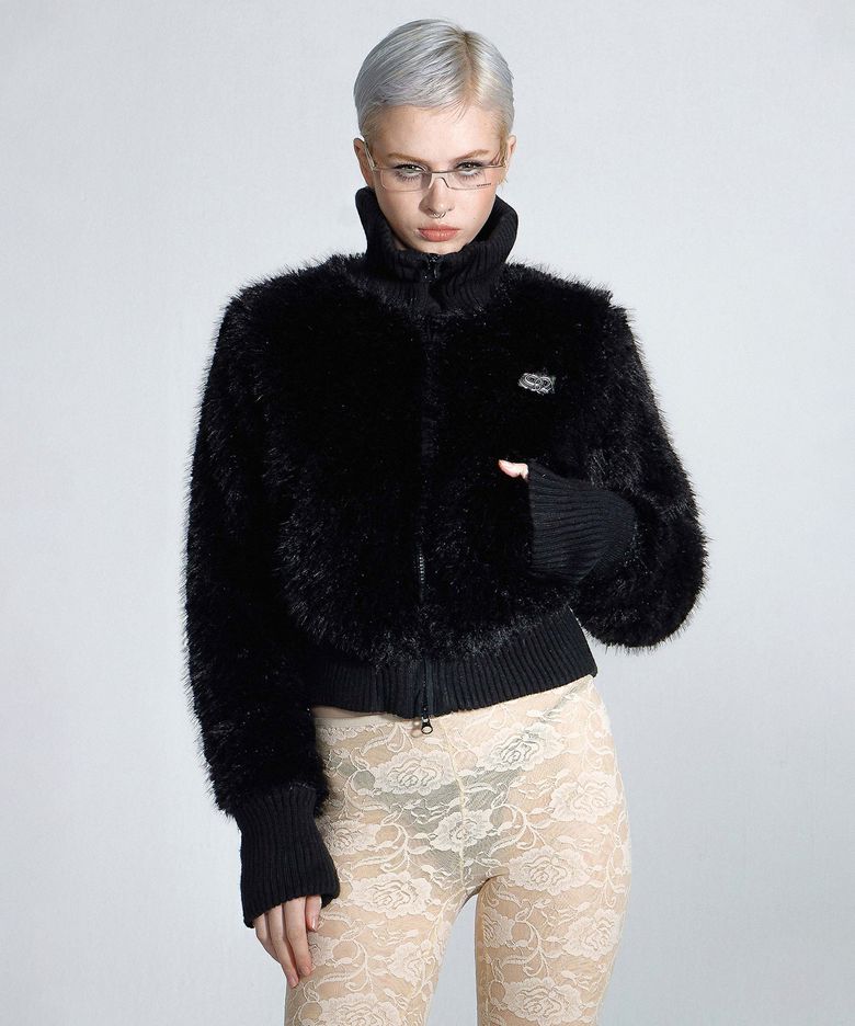 Faux Fur Zip-Up Jacket Black