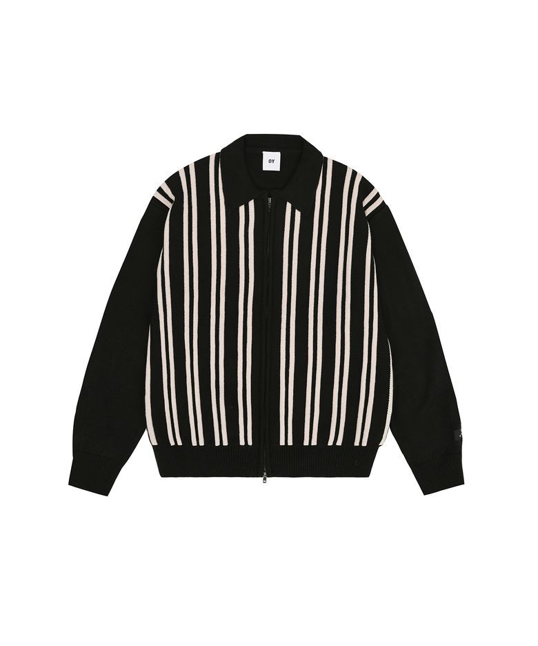 VERTICAL STRIPE KNIT ZIP UP - BLACK