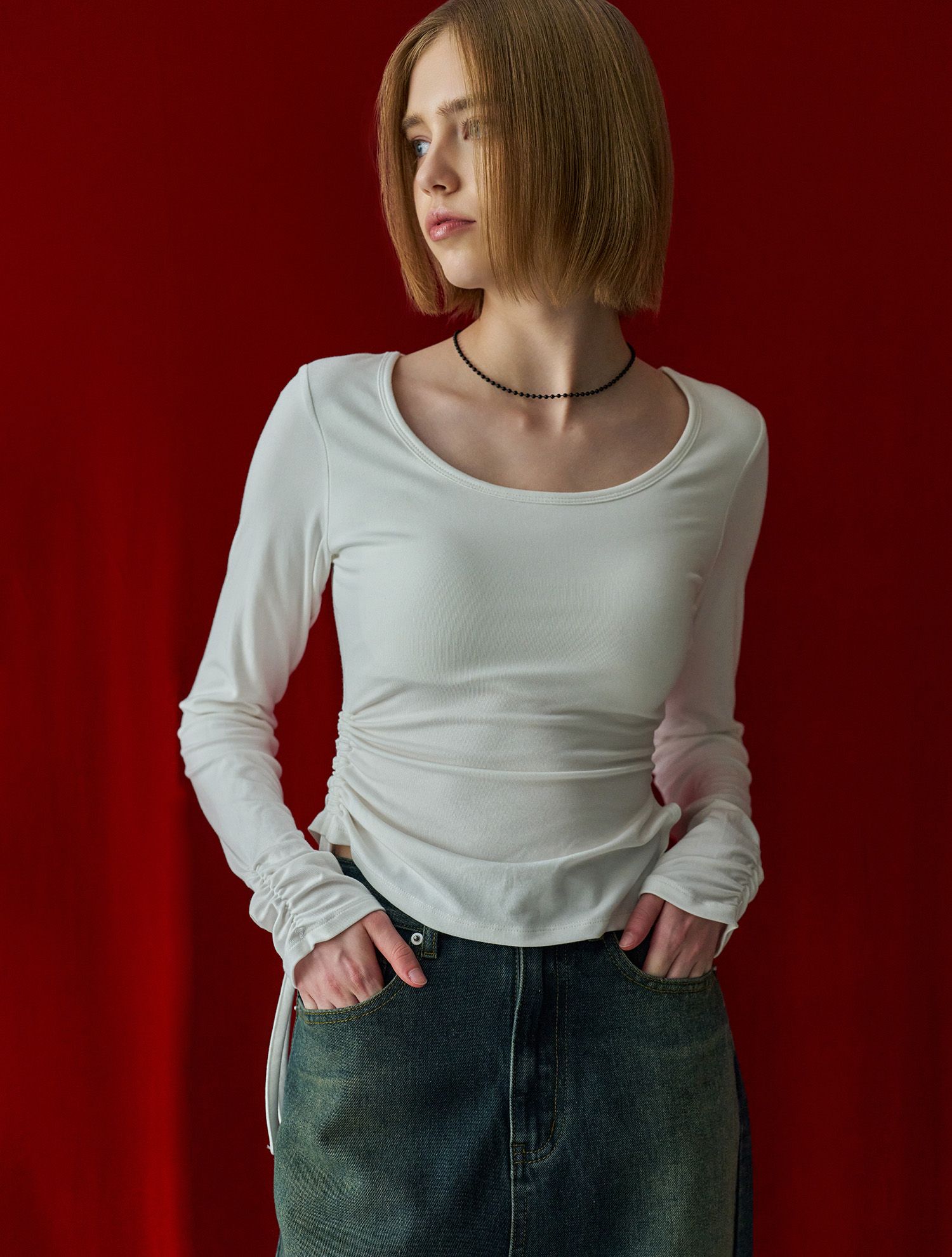 ★GENERAL IDEA★ U-Neck Shirring Bra Cap Long Sleeve Tee WHI MUSINSA | GENERAL IDEA U-neck shirring bra cap long sleeve