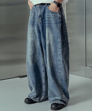 사이드 턱 워싱 와이드 벌룬 팬츠 중청