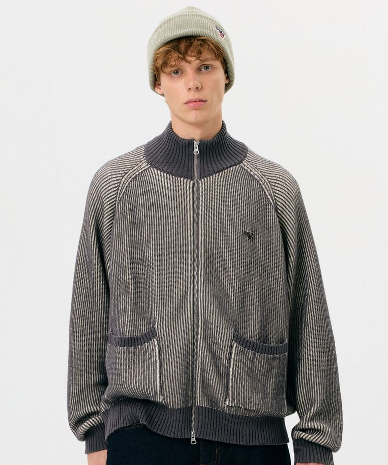 LOGO TWO TONE KNIT ZIP-UP [CHARCOAL]