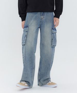 카고 워시드 벌룬핏 와이드 데님 팬츠 유니섹스 (블루/블랙)