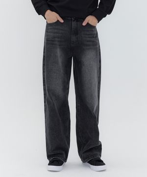 루즈 워시드 벌룬핏 와이드 데님 팬츠 유니섹스 (블랙)