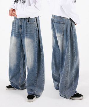 사이드핀턱 벌룬와이드 데님팬츠 진청