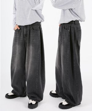 사이드핀턱 벌룬와이드 데님팬츠 블랙