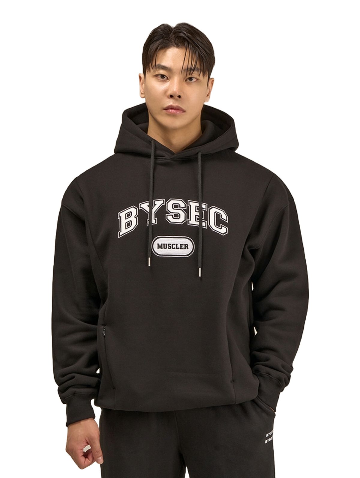 바이젝(BYSEC) 헤비기모 로고 오버핏 후드티_2Color