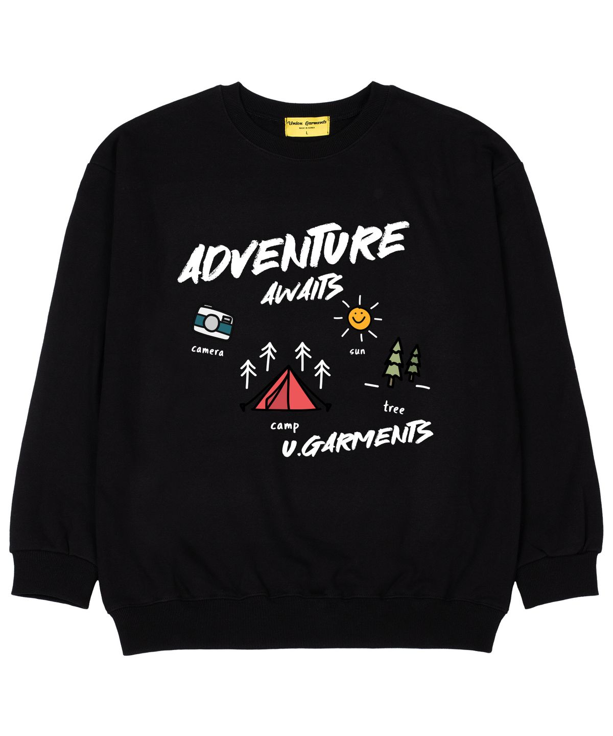 유니온가먼츠(UNION GARMENTS) 어웨잇 캠핑 쭈리 오버핏 맨투맨 티셔츠 블랙