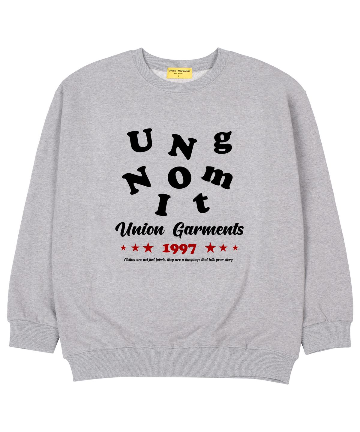 유니온가먼츠(UNION GARMENTS) 알파벳로고 쭈리 오버핏 맨투맨 티셔츠 그레이