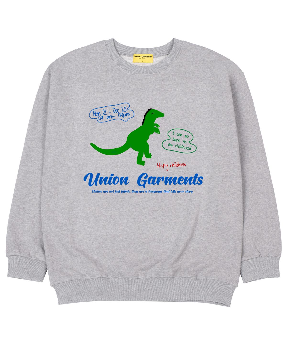 유니온가먼츠(UNION GARMENTS) 다이노 가먼츠 쭈리 오버핏 맨투맨 티셔츠 그레이