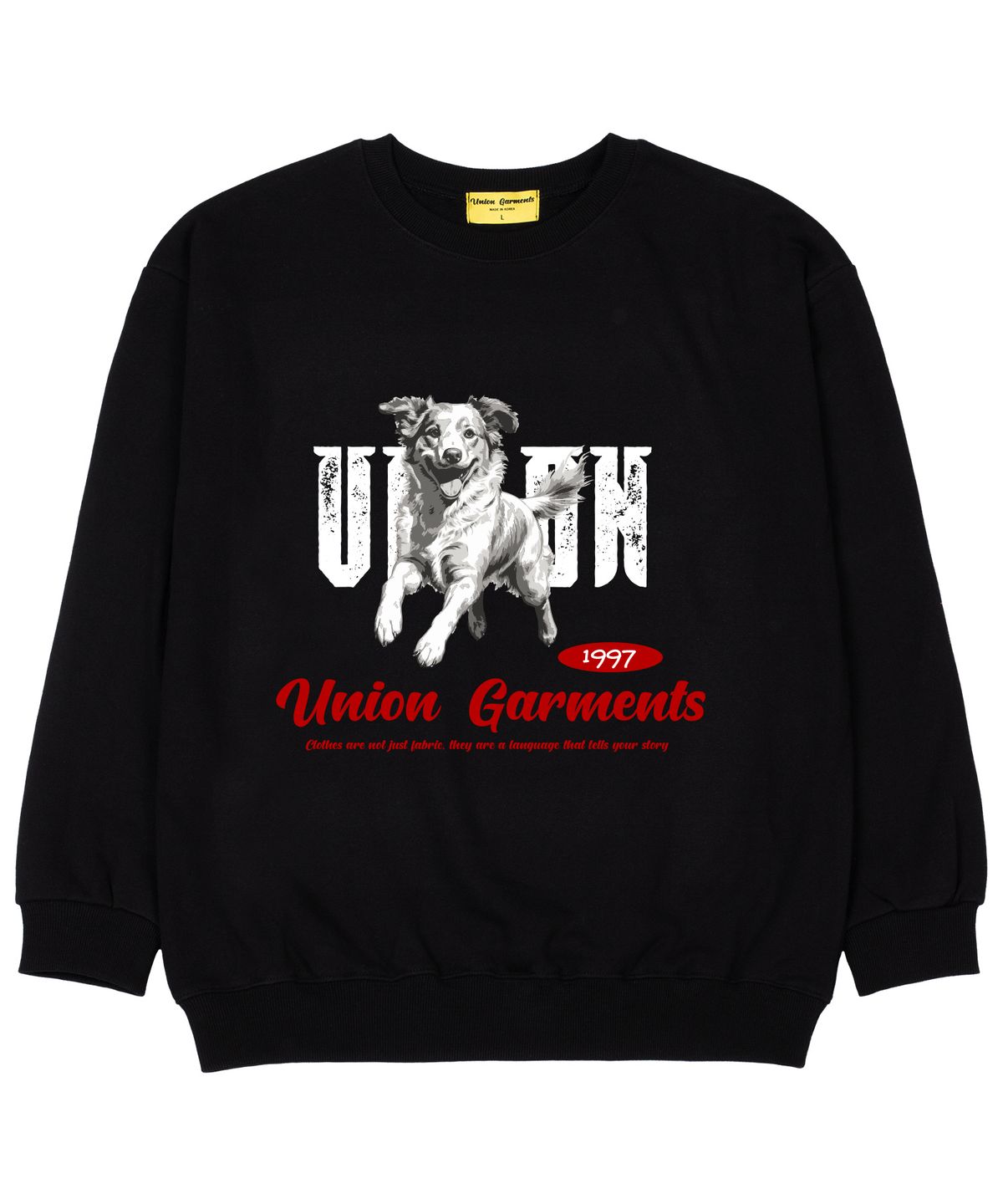 유니온가먼츠(UNION GARMENTS) 가먼츠 도그 쭈리 오버핏 맨투맨 티셔츠 블랙