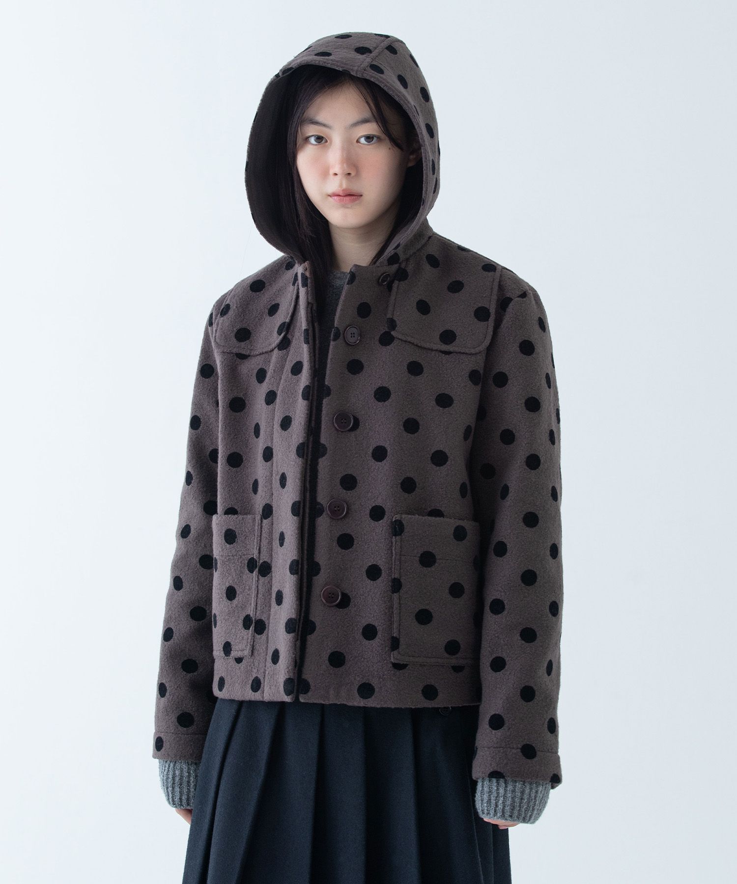 MUSINSA公式 | OHESHIO HOODED HALF COAT, DOT BROWN