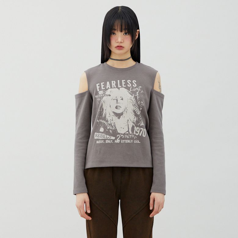 SHOULDER CUT OUT PRINTING T-SHIRT 프린팅 티셔츠 BROWN BQ4CL024