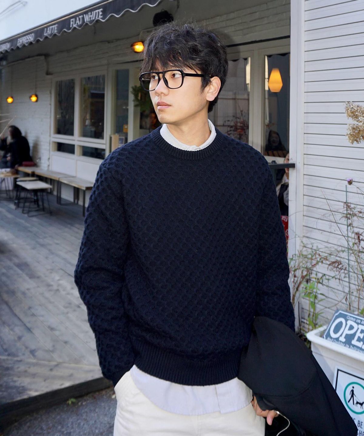 인템포무드(INTEMPOMOOD) 크로플 라운드 넥 니트_다크네이비