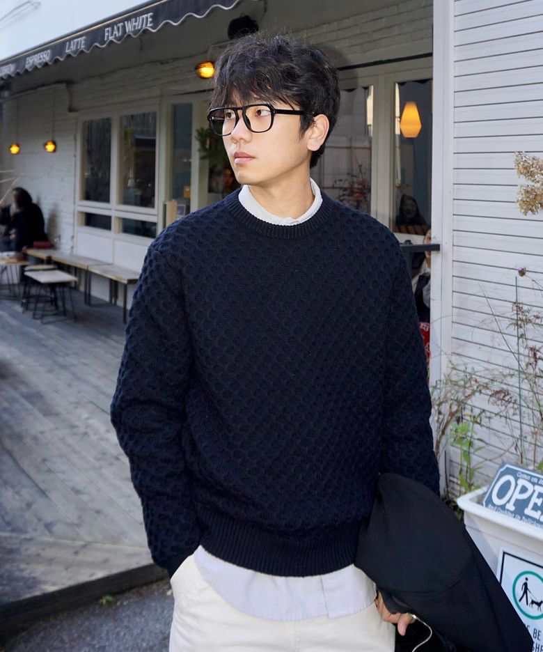크로플 라운드 넥 니트_다크네이비