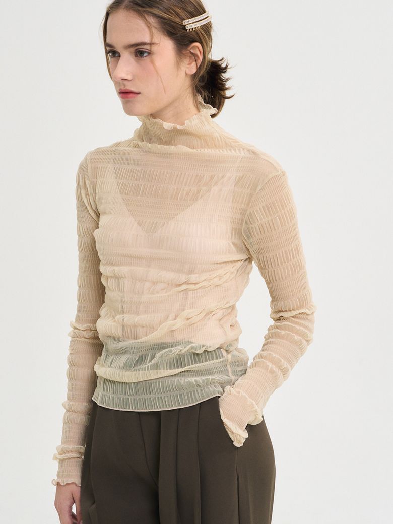 Cien Shirring See through Turtleneck Top_Beige