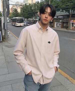 [블랙라벨] 클래식 코튼 옥스포드 버튼다운 셔츠 GEE245-101 베이지 스트라이프