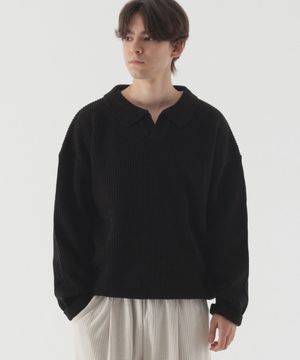 오픈 카라 오버핏 하찌 니트 (블랙)