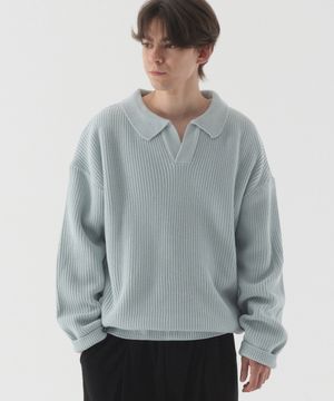 오픈 카라 오버핏 하찌 니트 (스카이 블루)