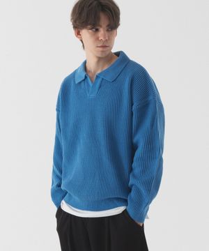 오픈 카라 오버핏 하찌 니트 (코발트 블루)