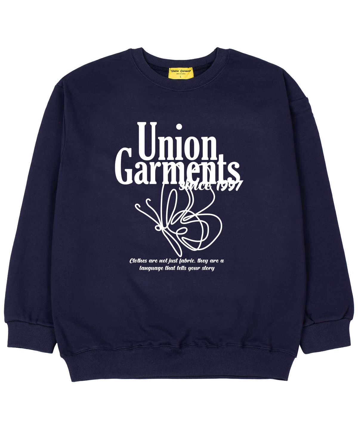 유니온가먼츠(UNION GARMENTS) 버터플라이 쭈리 오버핏 맨투맨 티셔츠 네이비