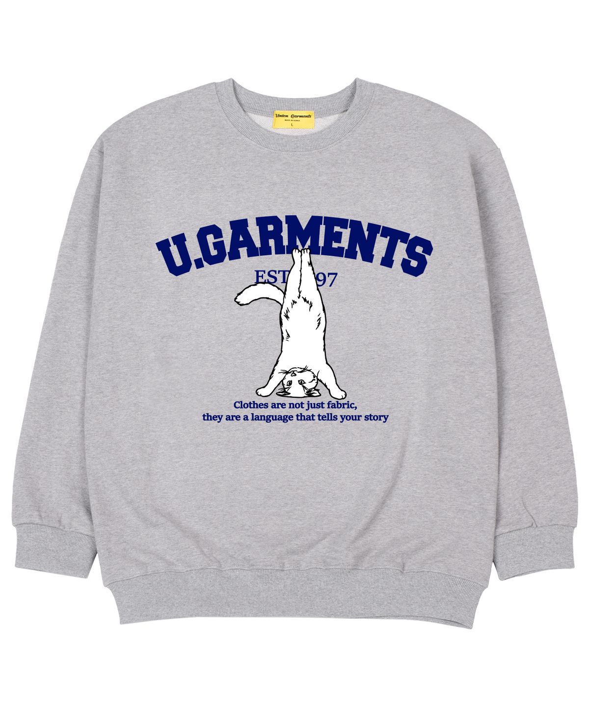 유니온가먼츠(UNION GARMENTS) 헤드스탠드캣 쭈리 오버핏 맨투맨 티셔츠 그레이