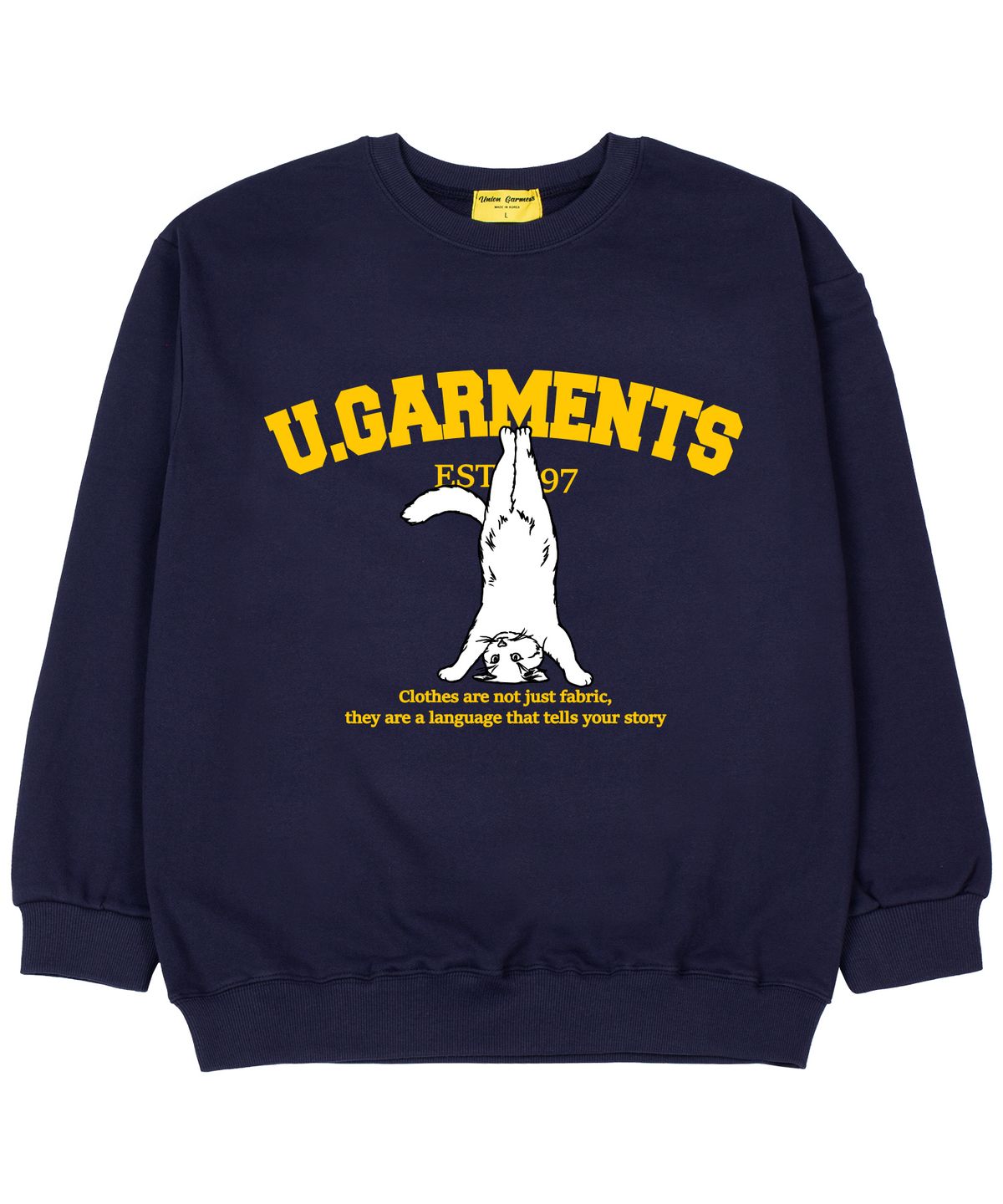 유니온가먼츠(UNION GARMENTS) 헤드스탠드캣 쭈리 오버핏 맨투맨 티셔츠 네이비
