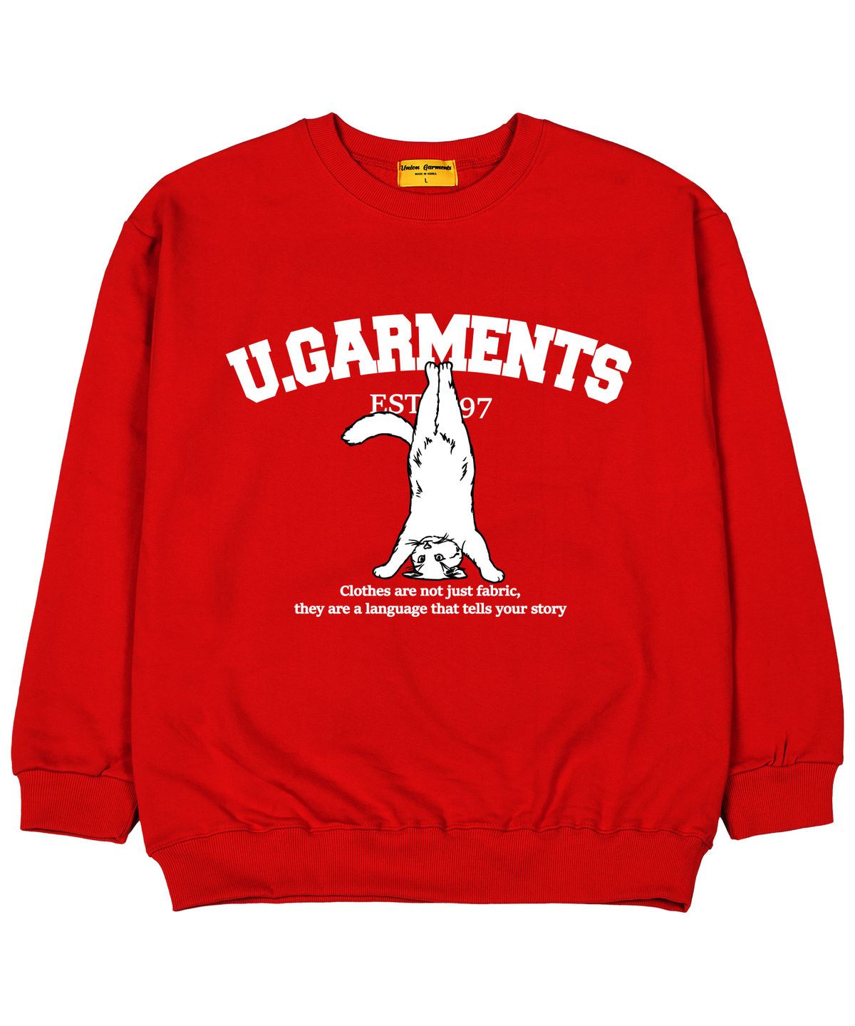유니온가먼츠(UNION GARMENTS) 헤드스탠드캣 쭈리 오버핏 맨투맨 티셔츠 레드
