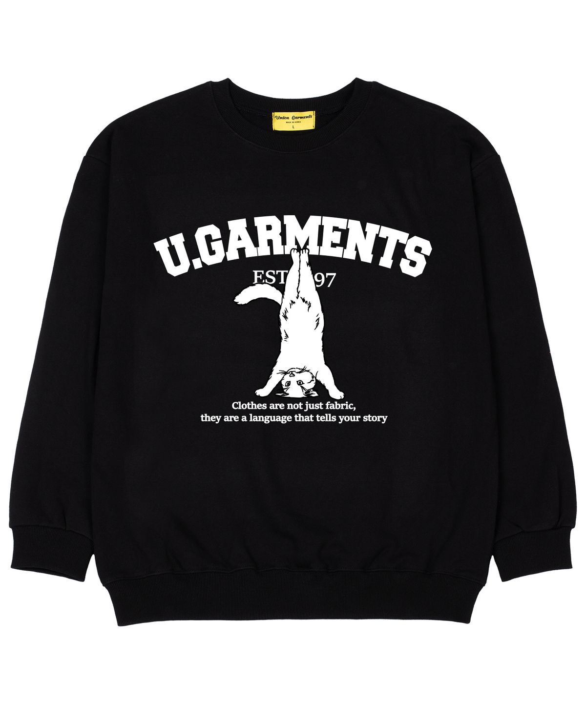 유니온가먼츠(UNION GARMENTS) 헤드스탠드캣 쭈리 오버핏 맨투맨 티셔츠 블랙
