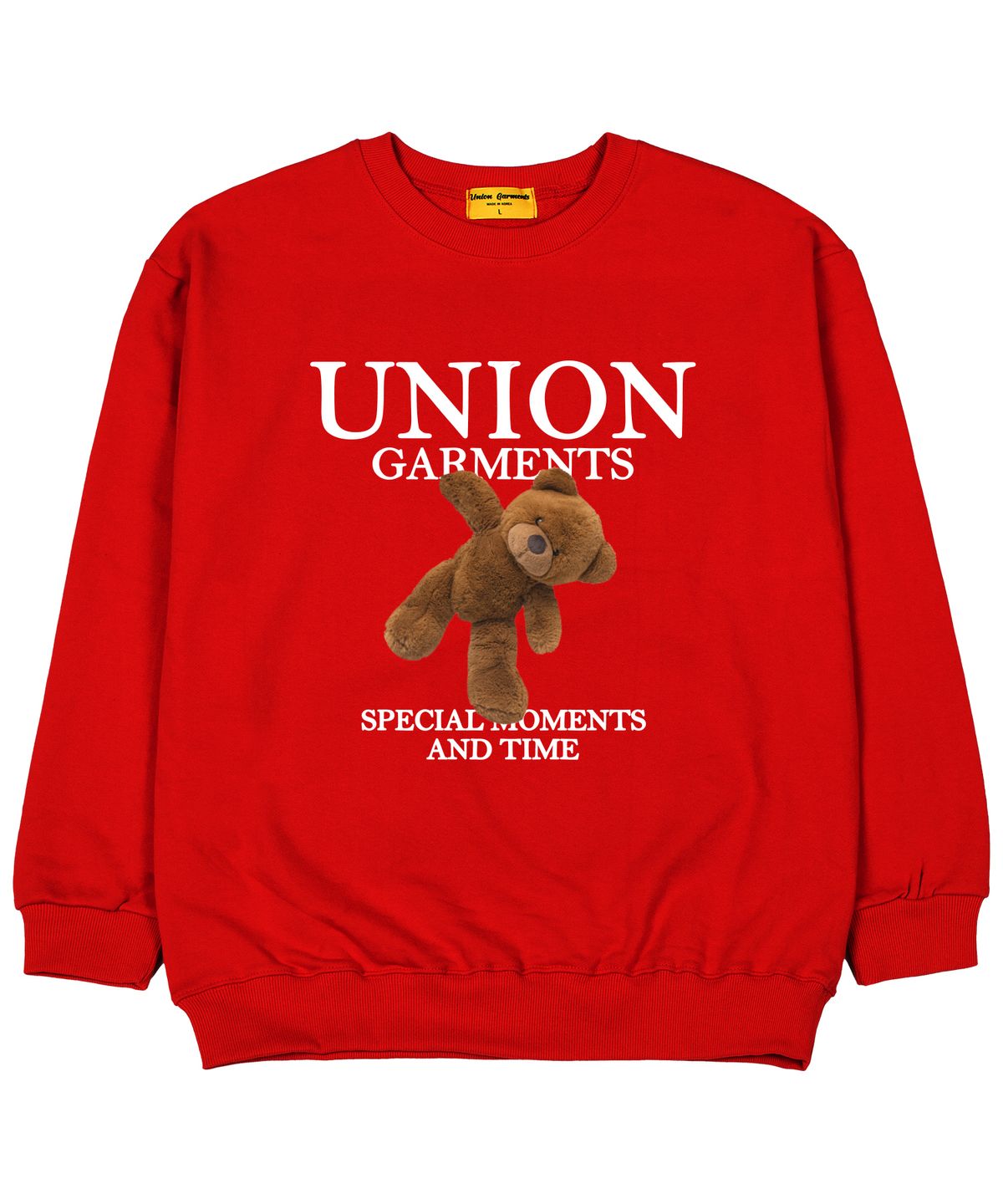 유니온가먼츠(UNION GARMENTS) 모먼트베어 쭈리 오버핏 맨투맨 티셔츠 레드