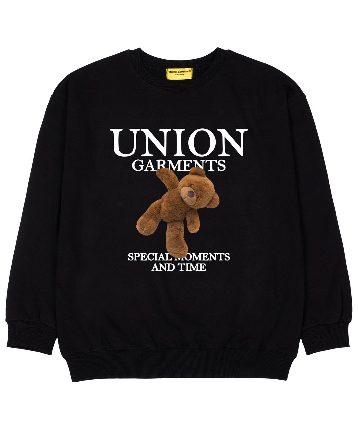 유니온가먼츠(UNION GARMENTS) 모먼트베어 쭈리 오버핏 맨투맨 티셔츠 블랙