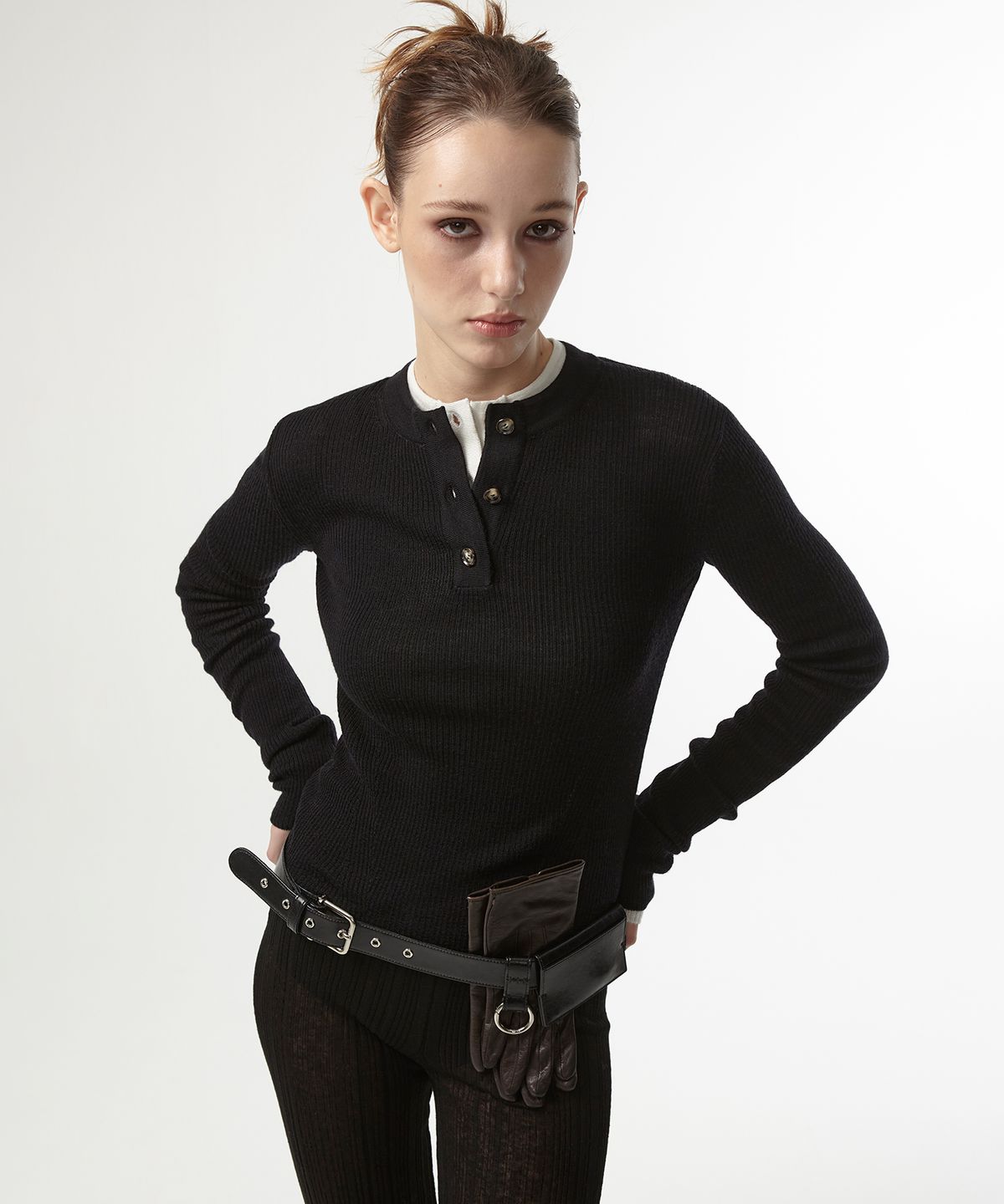 이안조(EAN JO) WOOL BUTTON UP RIBBED KNIT (BLACK)