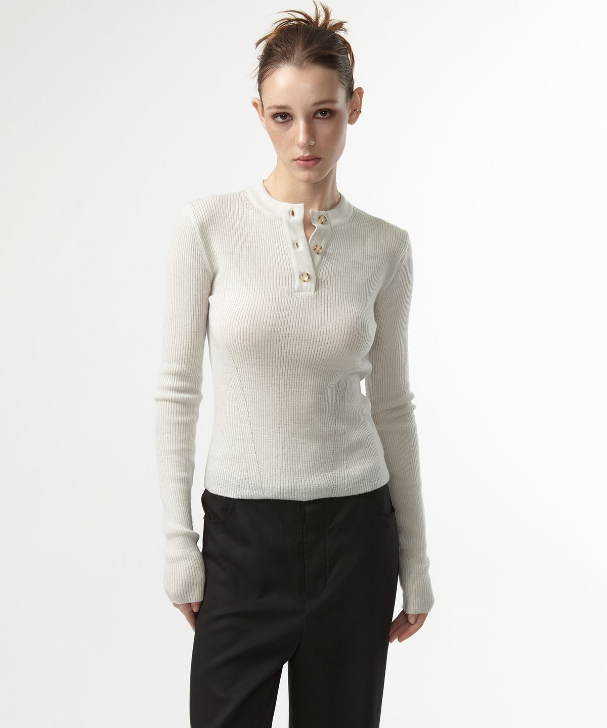 이안조(EAN JO) WOOL BUTTON UP RIBBED KNIT (MINT GREY)