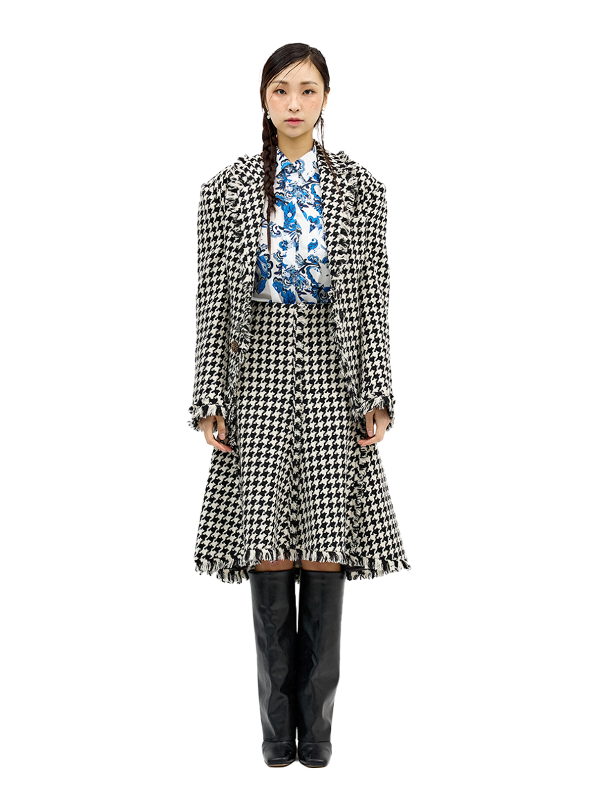 그리디어스(GREEDILOUS) Houndstooth Fitted Jacket with Fringes