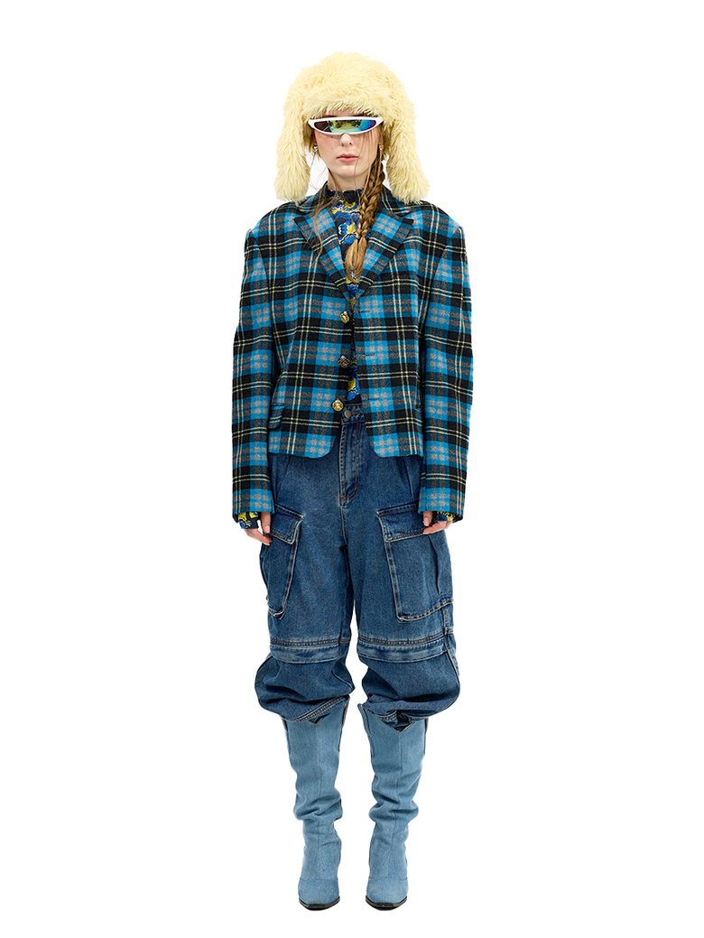 Single Three buttons Plaid  Jacket