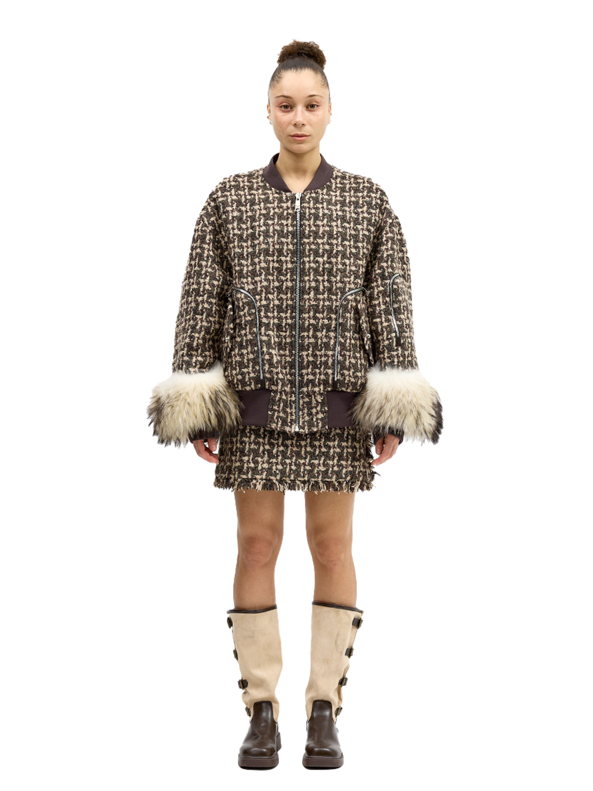그리디어스(GREEDILOUS) Checkered Jacket with Fur Sleeves